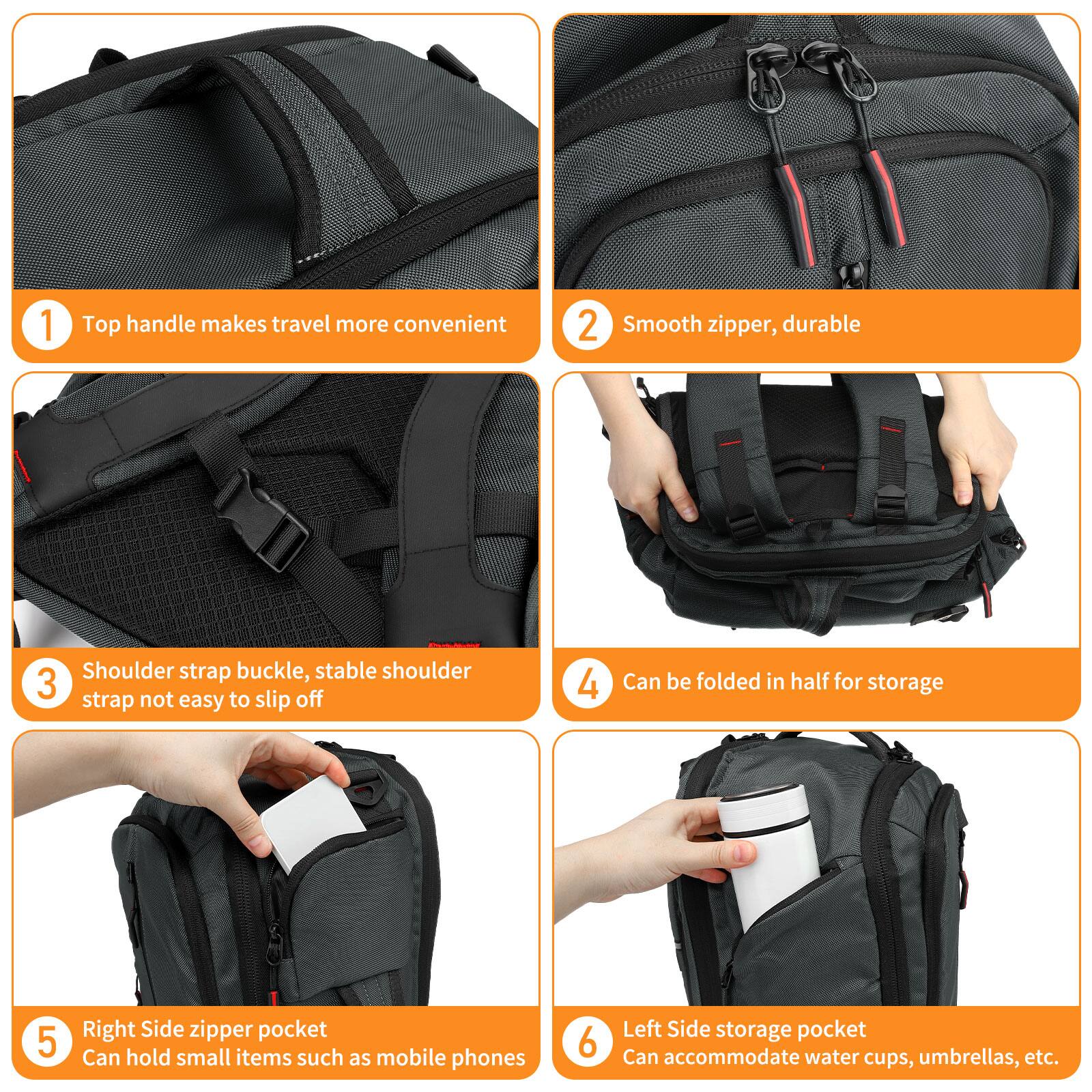 1. Top handle makes travel more convenient  
2. Smooth zipper, durable  
3. Shoulder strap buckle, stable shoulder strap not easy to slip off  
4. Can be folded in half for storage  
5. Right Side zipper pocket Can hold small items such as mobile phones  
6. Left Side storage pocket Can accommodate water cups, umbrellas, etc.