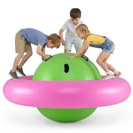 Costway - 7.5 FT Inflatable Dome Rocker Bouncer with 6 Handles Fun Outdoor Game for Kids - Pink & Green