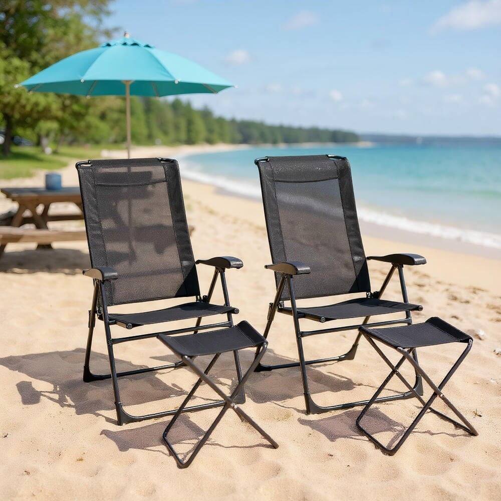 Front. Kadyn - 4 Pieces Patio Adjustable Back Folding Dining Chair Ottoman Set, Outdoor Dining Chair for Outside Patio-Black - Black.