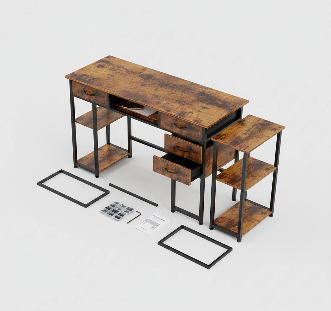 Alt View 1. AOITUN - 48 Inch brown Computer Desk, Modern Office Writing Table with 2 Drawers, Storage Shelves for Home & Gaming - Steel.