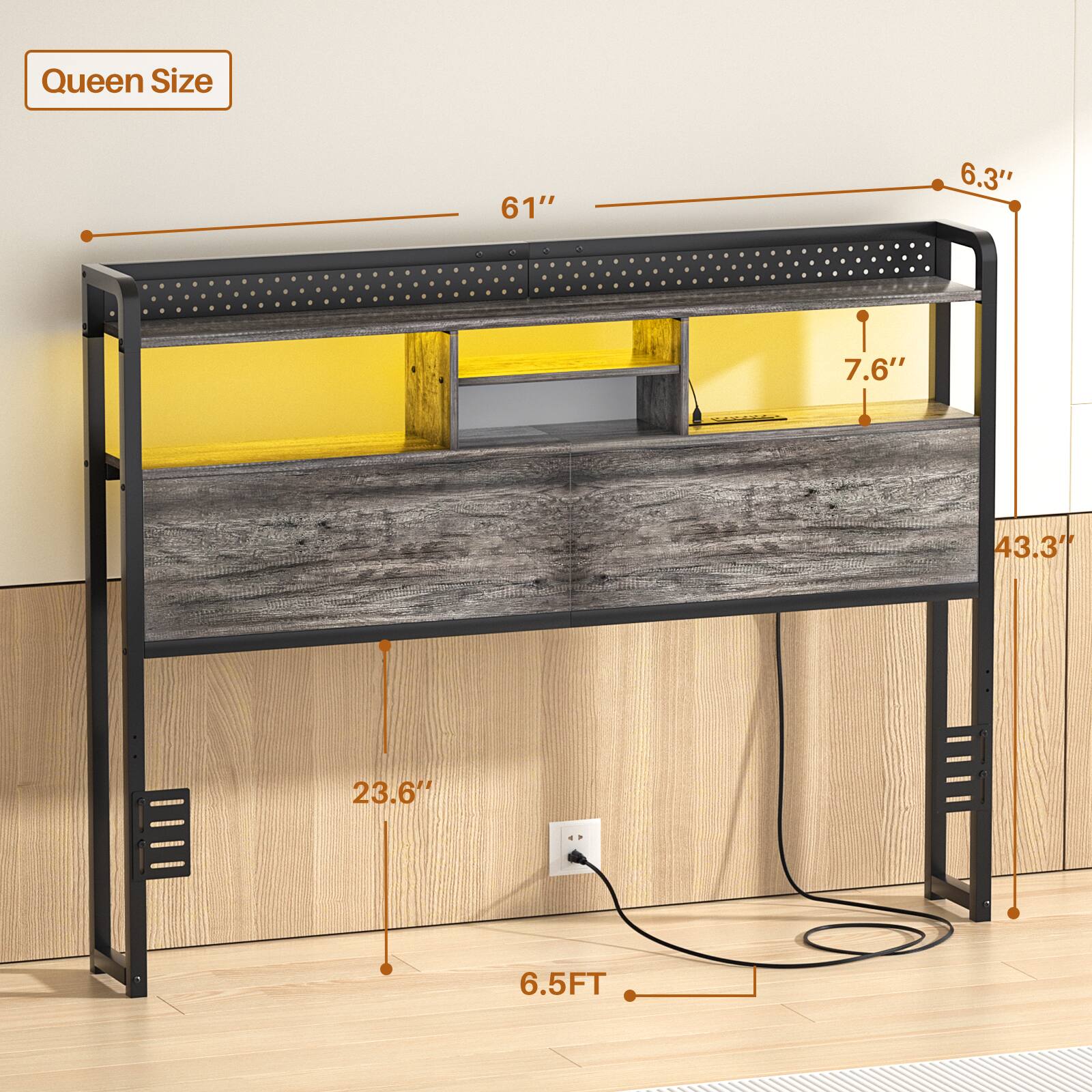 Queen Size  
61"  
6.3"  
7.6"  
43.3"  
23.6"  
6.5FT