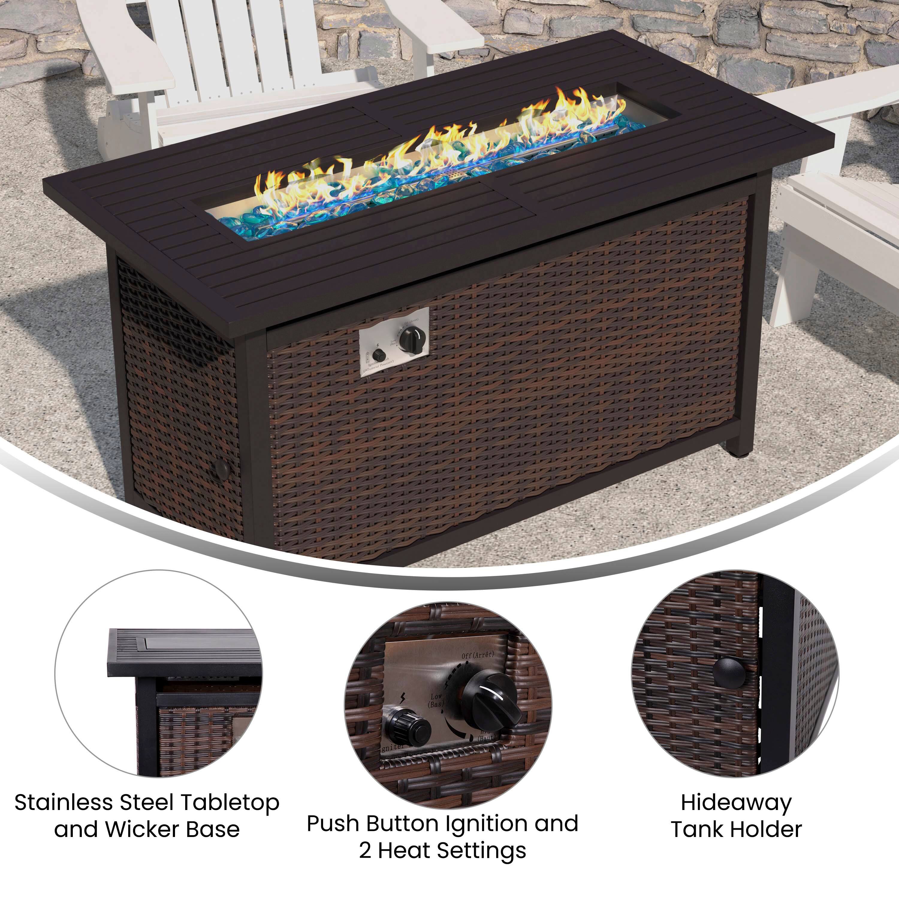 0m Loe Tak Stainless Steel Tabletop and Wicker Base Push Button Ignition and 2 Heat Settings Hideaway Tank Holder