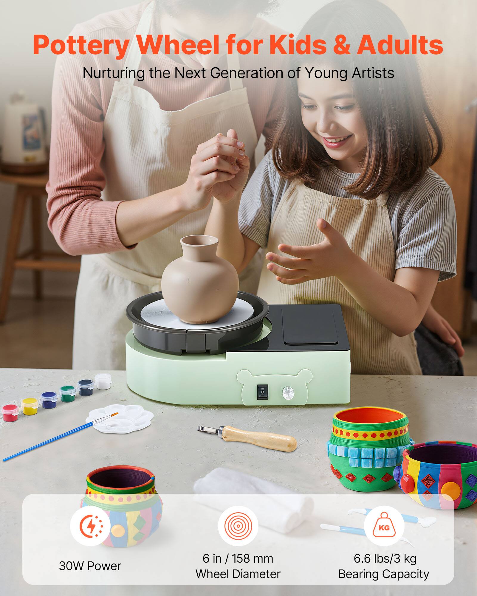 Pottery Wheel for Kids & Adults  
Nurturing the Next Generation of Young Artists  

30W Power  
6 in / 158 mm Wheel Diameter  
6.6 lbs / 3 kg Bearing Capacity