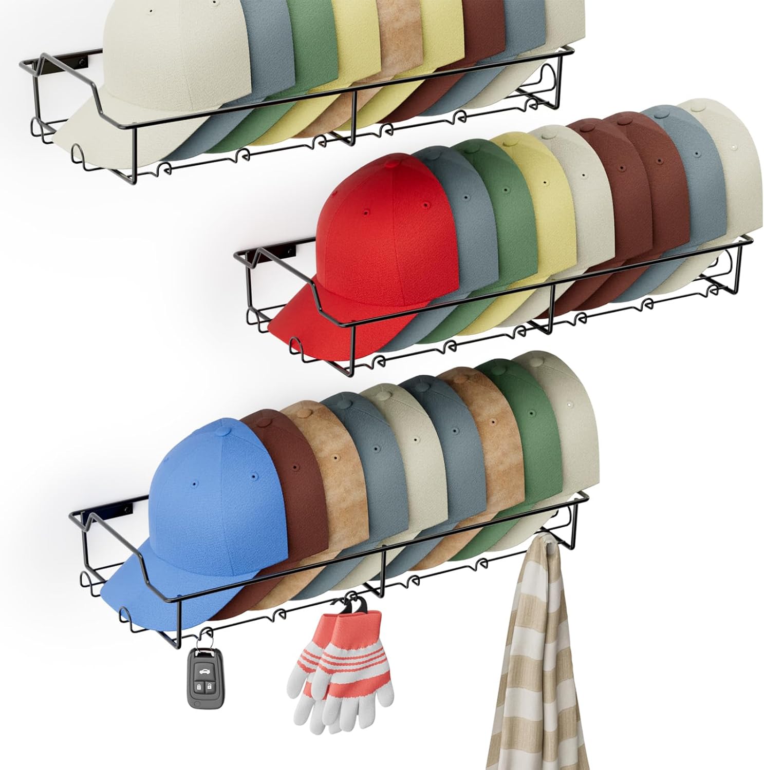 Fairpeak - Wall Hat Racks for Baseball Caps, Each Metal Hat Organizer Fit 20 Caps, 3 Packs Wall Hat Rack for Room Closet Display - Black