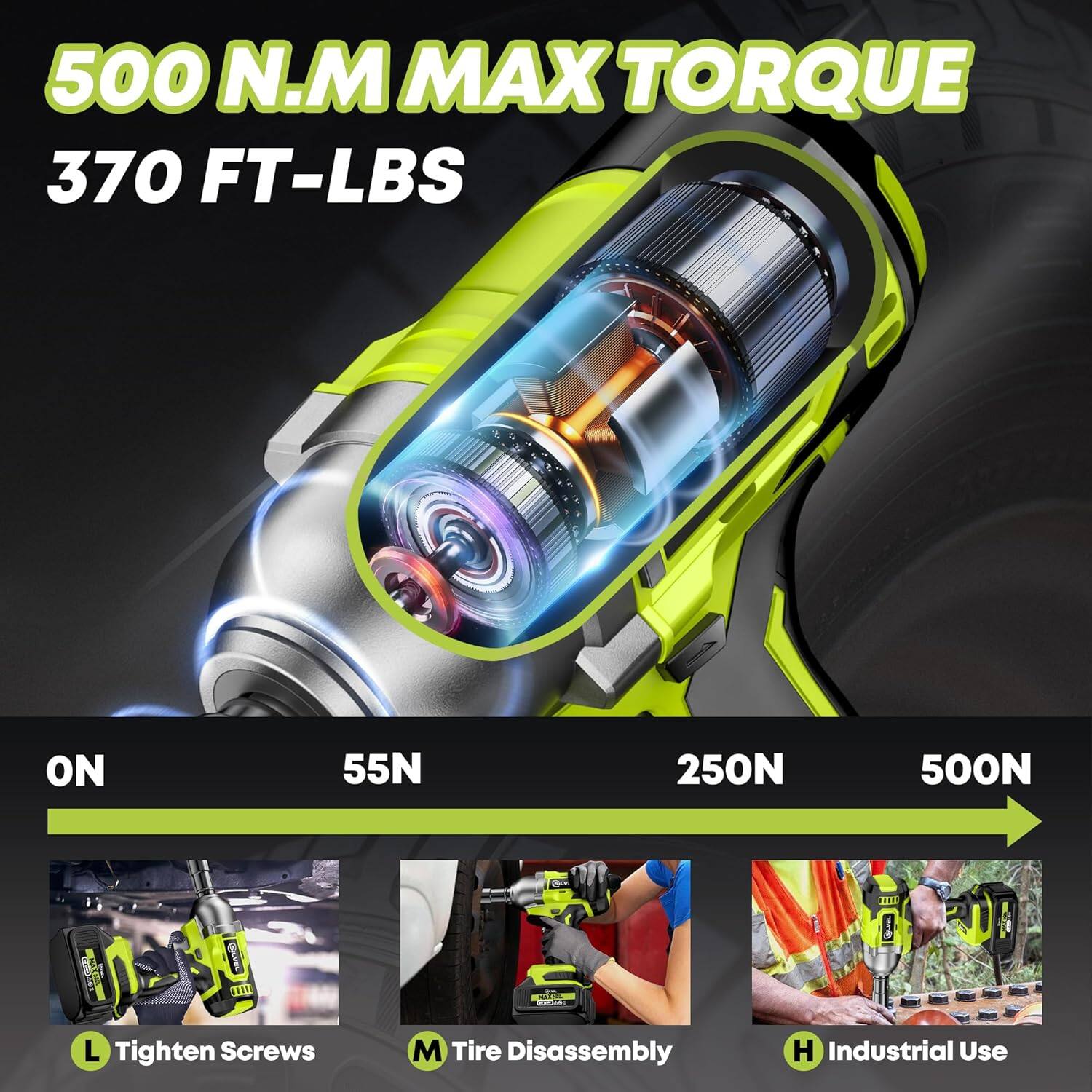 500 N.M MAX TORQUE 370 FT-LBS ON 55N 250N 500N Tighten Screws M Tire Disassembly H Industrial Use