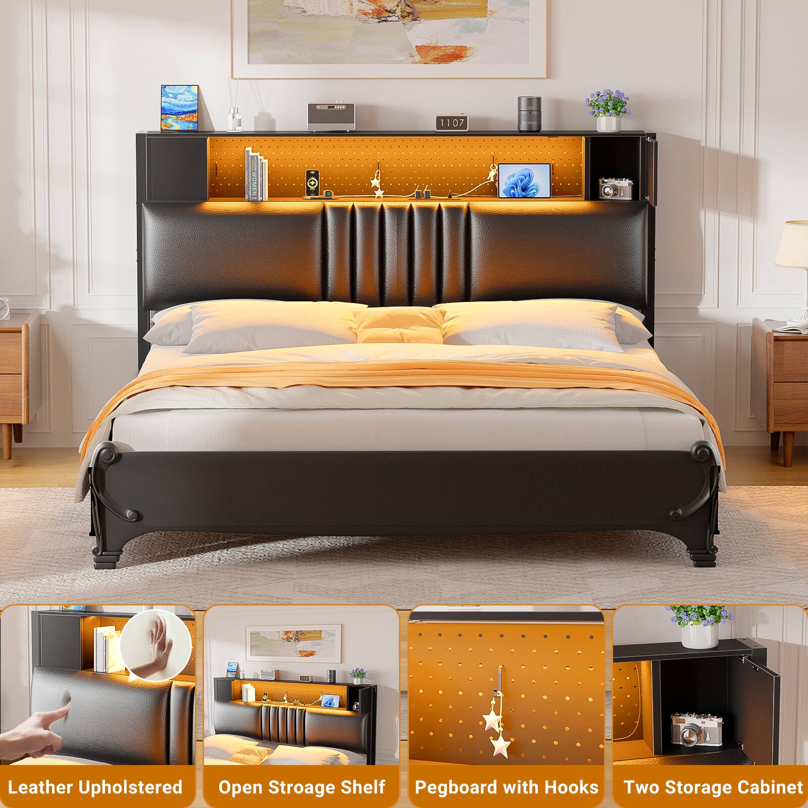 1107 I a Leather Upholstered Open Storage Shelf Pegboard with Hooks Two Storage Cabinet