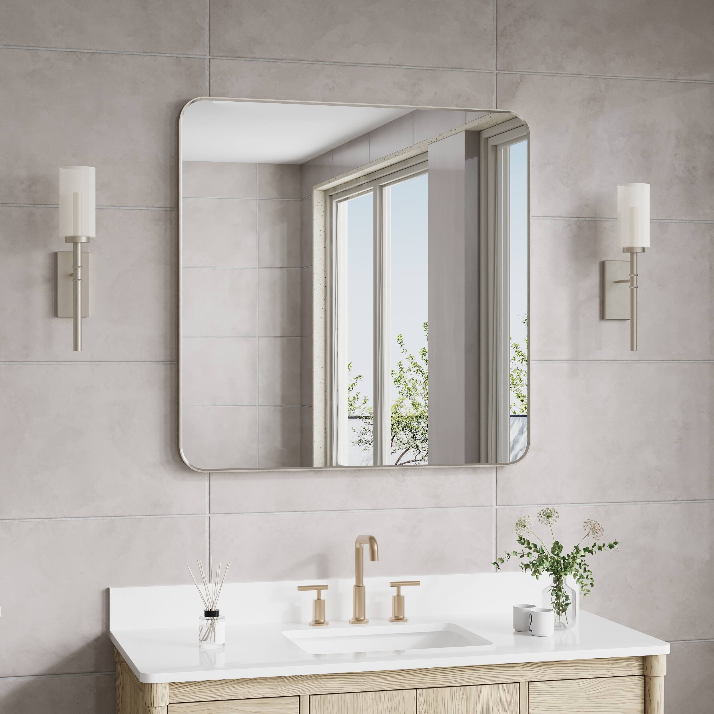 Angle. WELLFOR - 36 in. W x 36 in. H Square Aluminum Framed Wall-Mounted Bathroom Vanity Mirror - Brushed Nickel.