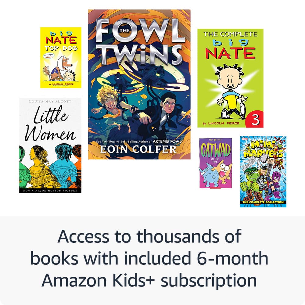 The image features a collection of books by Eoin Colfer, including "Fowl Twins," "The Big Book of Little Women," "The Complete Nate," "Top Dog," "Perps," "The Louisa May Alcott Little Women," and "The Catwoman." These books are grouped together, and the image suggests that the reader can access thousands of books with an included 6-month Amazon Kids+ subscription.