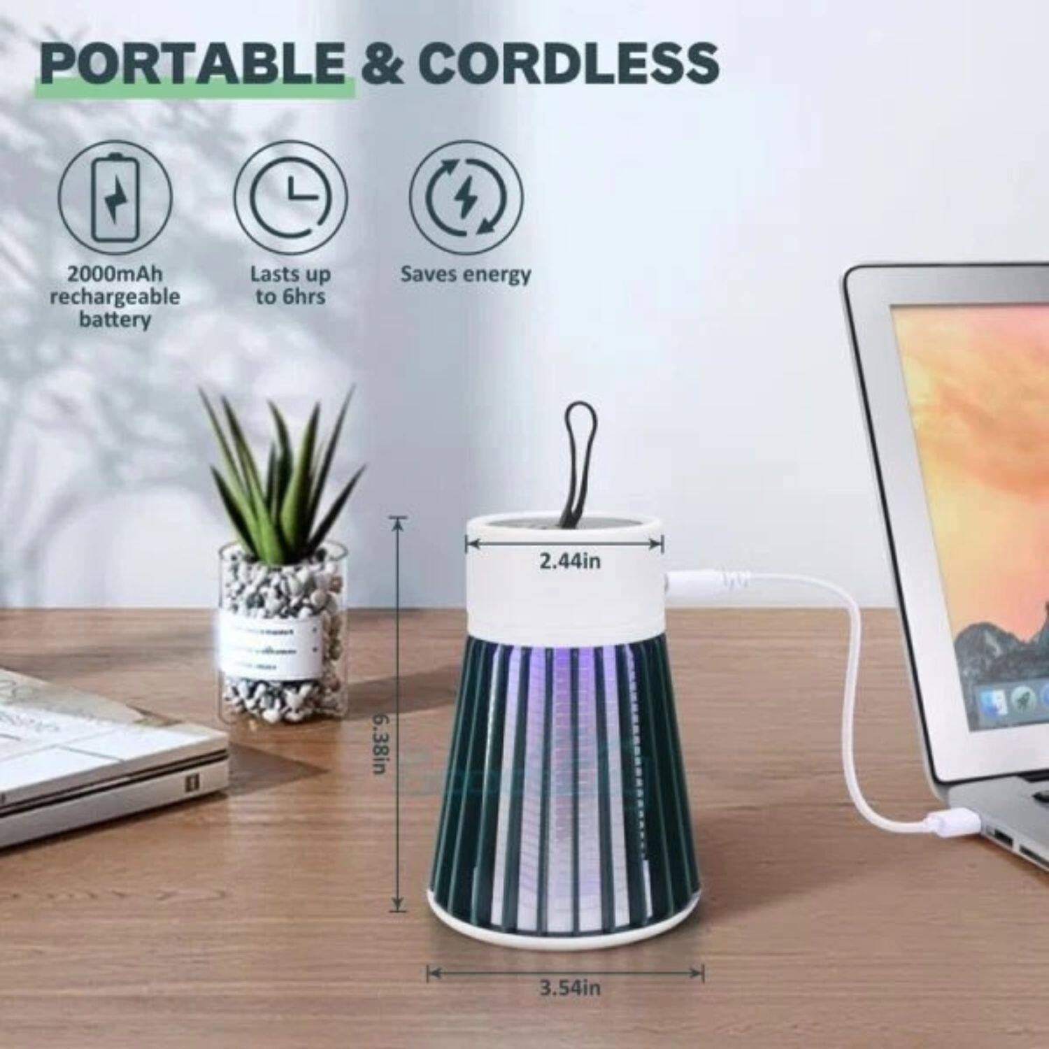 PORTABLE & CORDLESS

- 2000mAh rechargeable battery
- Lasts up to 6hrs
- Saves energy

Dimensions:
- Height: 6.38in
- Width: 3.54in
- Depth: 2.44in