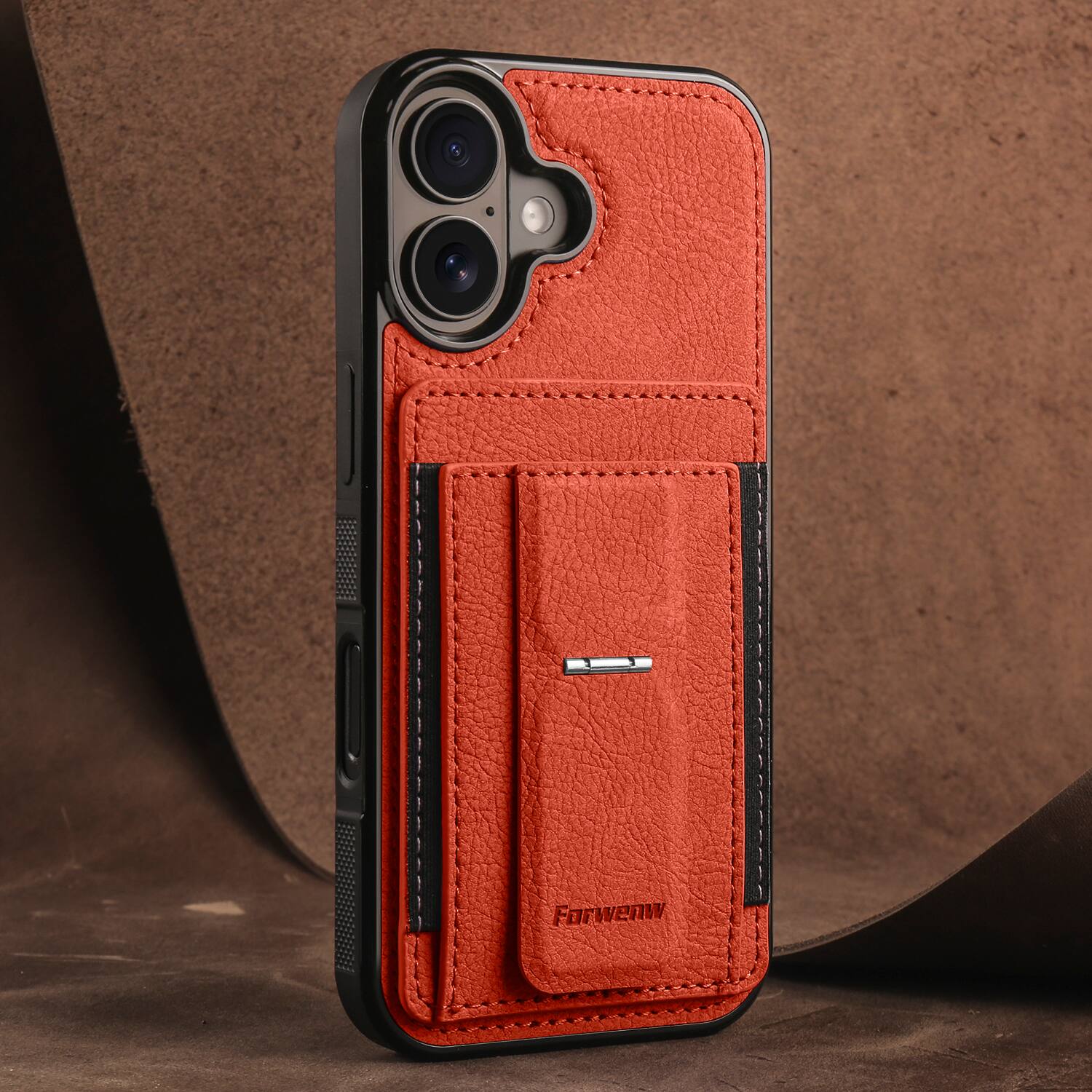 Left. Dteck - Slim Card Holder Case for Apple Apple iPhone 16, Shockproof Wallet Protective Cover with Kickstand - Orange.