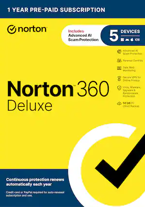 1 YEAR PRE-PAID SUBSCRIPTION norton Includes Advanced AI Scam Protection DEVICES 5 iOS Advanced AI Scam Protection Parental Controls Dark Web Monitoring Secure VPN for Online Privacy 360 Virus, Malware, Norton Spyware Ransomware Protection & 50 GB PC Deluxe Cloud Backup Continuous protection renews automatically each year Credit card or PayPal required for auto-renewal subscription and use.