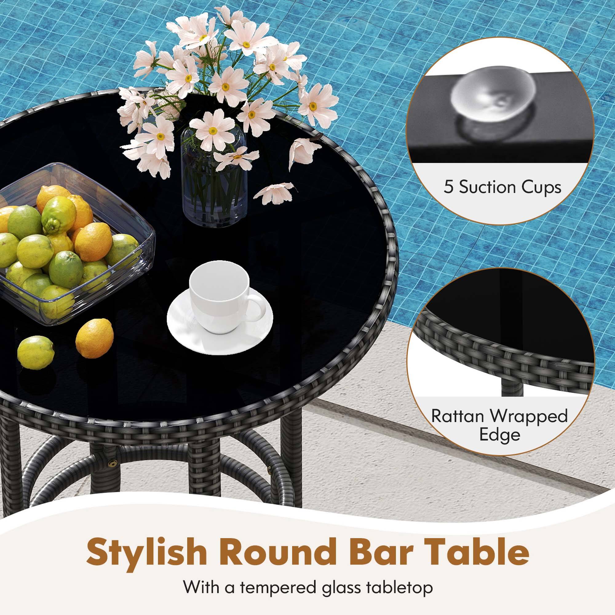 Stylish Round Bar Table  
With a tempered glass tabletop  

5 Suction Cups  
Rattan Wrapped Edge