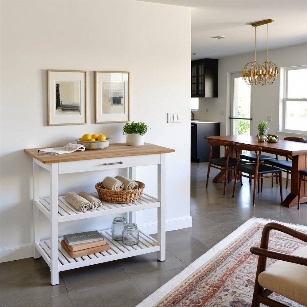 Alt View 2. FurniFact - White Kitchen Island Table with Storage, Drawer and Open Counter 2 Shelves - White.