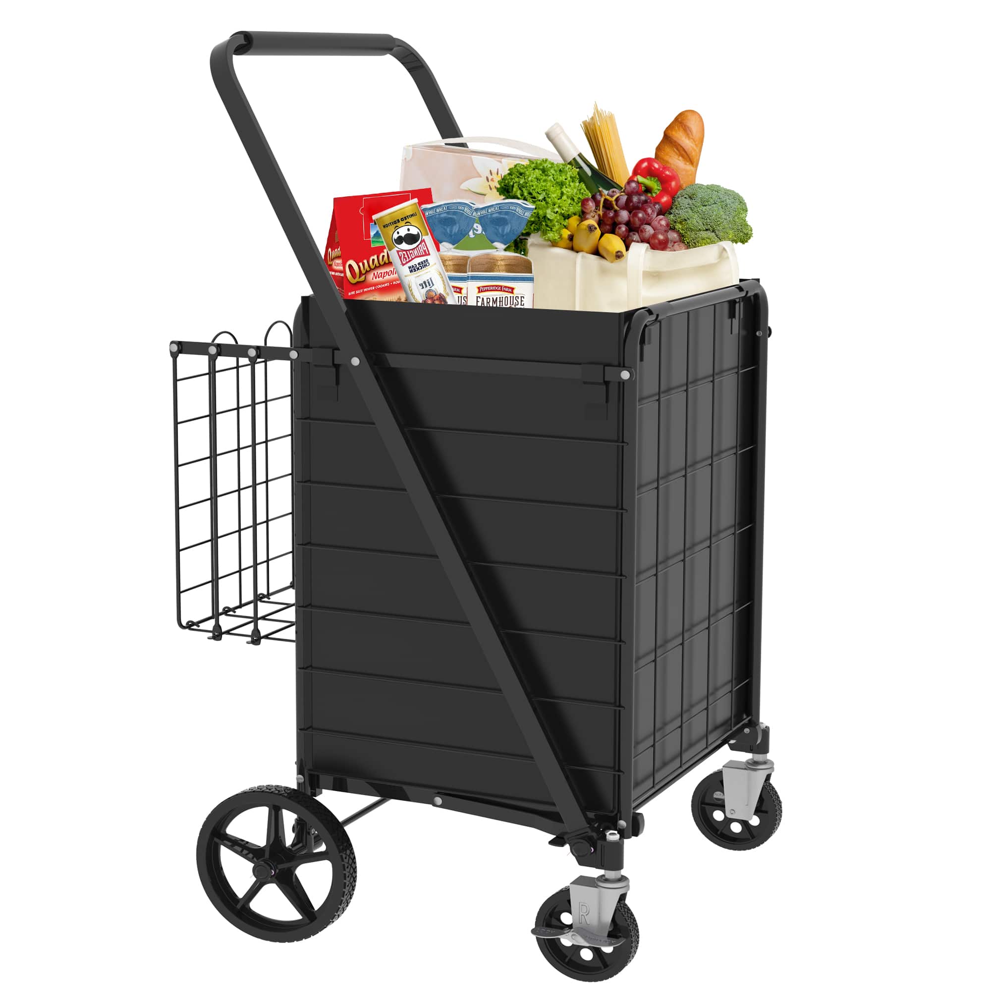 Glintex - Large Shopping Cart with Brake,Foldable Utility Shopping Carts with Double Basket and 360° Rolling Swivel Wheels - Antique Black