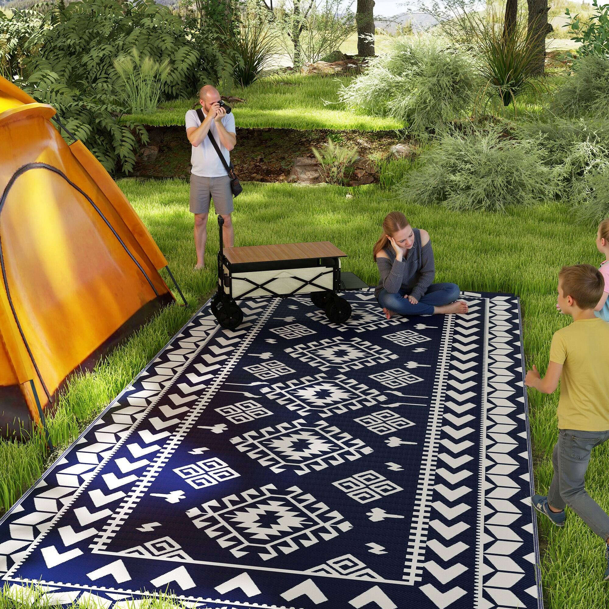 Alt View 1. Outsunny - Outdoor Rug for Patio, 9' x 18' Waterproof Large Mat, Reversible Plastic Straw Rug for Décor - Blue & White Rhombus Patchwork.