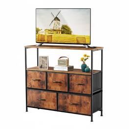 AOITUN - Rustic 5-Drawer Fabric Dresser, 39.4" Narrow TV Stand for 43 Inch TV, Tall Storage Chest for Small Bedroom - Steel