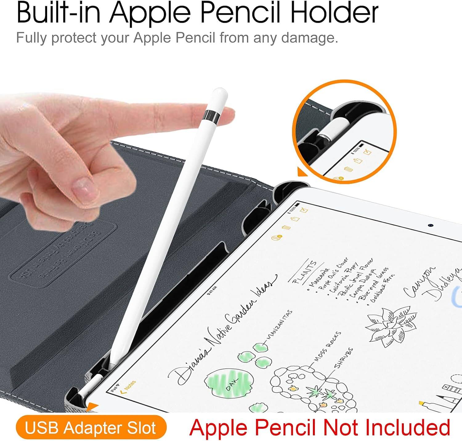Built-in Apple Pencil Holder  
Fully protect your Apple Pencil from any damage.  

Clover Poppy Flowier PLANTS Marzanta Owl's kwel Doleya Grass Fern BATAM Ideas Purple California Partic Campon eyed Goldback Campany Dluslega "Blve" Garden MANZANITAS Netwe ROCKS MOSS SHRUBS Pad? Diana's DAK USB Adapter Slot Apple Pencil Not Included