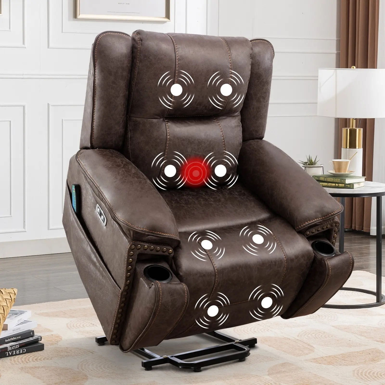 Bestier - Massage Lift Recliner Chair with Heat and Vibration, Cup Holder, Storage Pocket, USB Port for Living Room - Brown