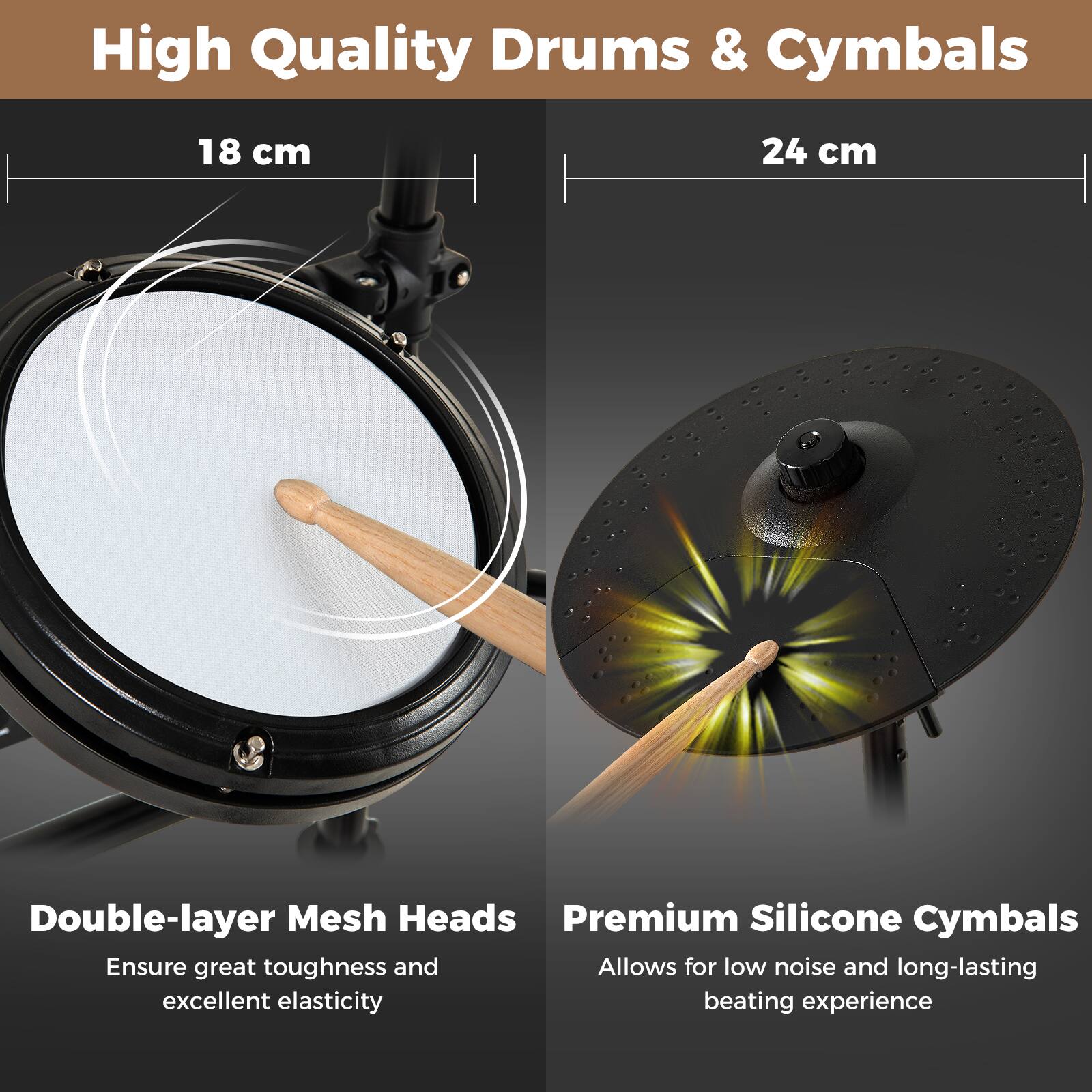 High Quality Drums & Cymbals

18 cm

24 cm

Double-layer Mesh Heads
Ensure great toughness and excellent elasticity

Premium Silicone Cymbals
Allows for low noise and long-lasting beating experience