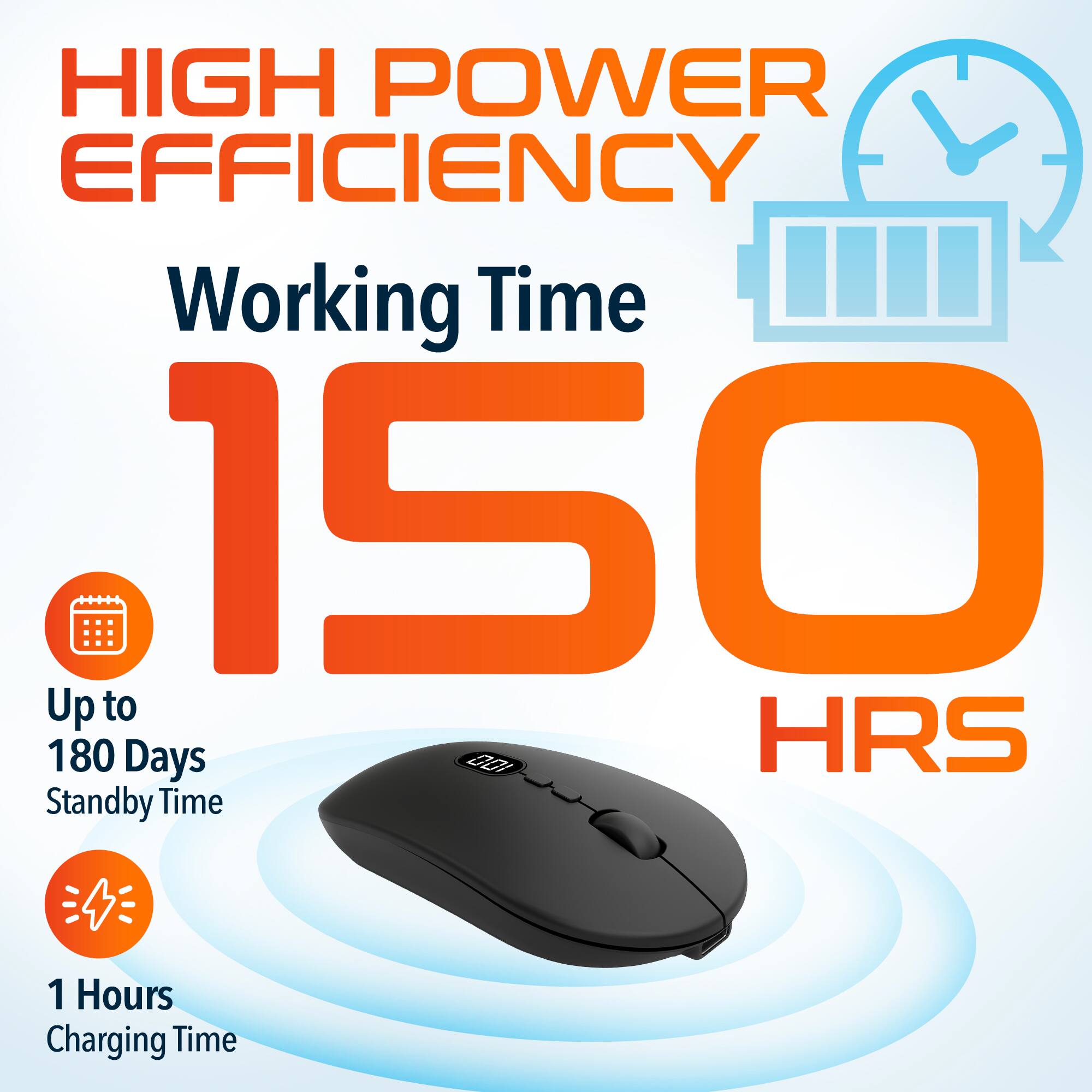 HIGH POWER EFFICIENCY Working Time 150 HRS Up to 180 Days Standby Time 1 Hours Charging Time
