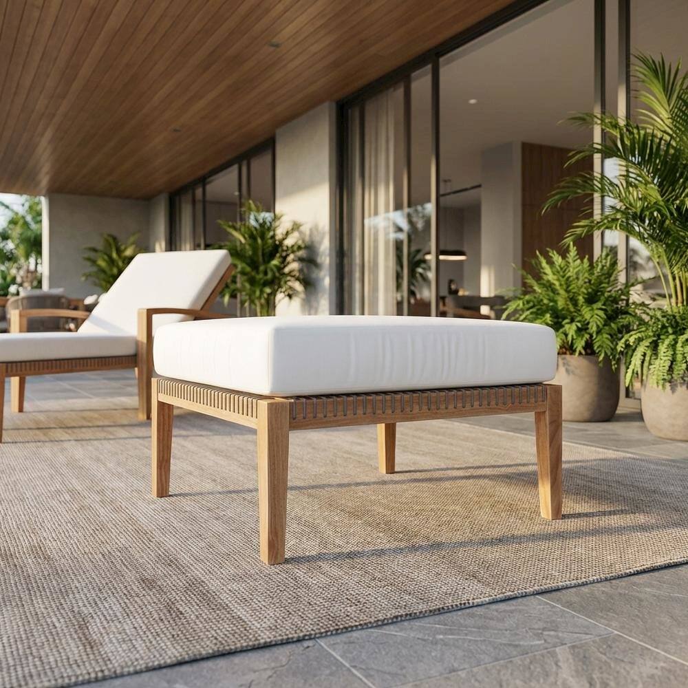 Angle. Outdoor Escape - Teak Wood Outdoor Ottoman With Durable Finish And Versatile Use - Gray.