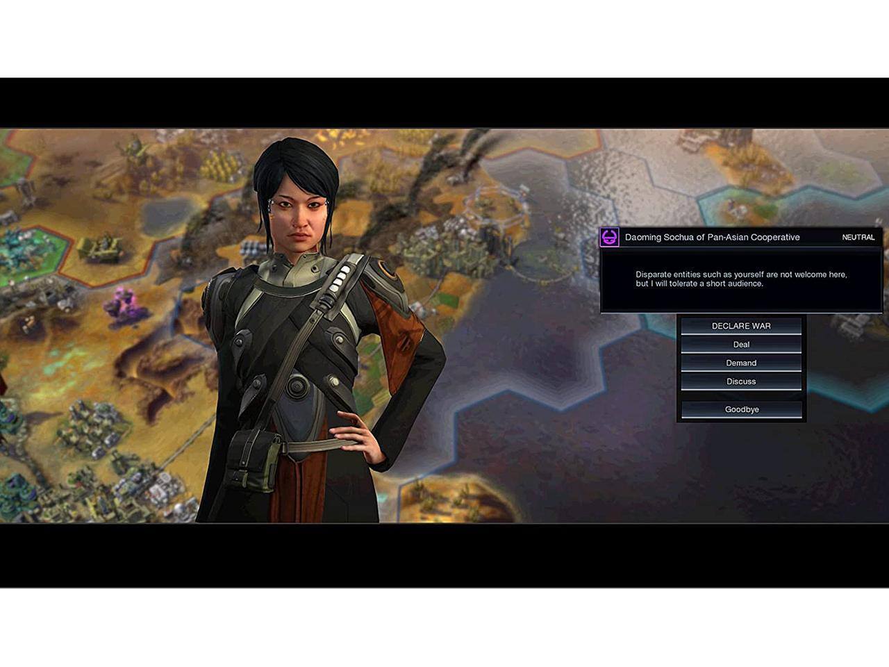 Daoming Sochua of Pan-Asian Cooperative  
NEUTRAL  

Disparate entities such as yourself are not welcome here, but I will tolerate a short audience.  

DECLARE WAR  
Deal  
Demand  
Discuss  
Goodbye