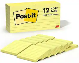 Post-it - Notes, 3" x 3", Canary Collection, Lined, 100 Sheet/Pad, 12 Pads/Pack (63012PK) - Canary Yellow