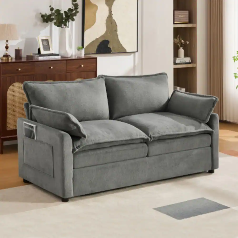 Angle. LUCKY ONE - 67.7" Modern Loveseat Sofa Plush Upholstered w/ Double-Layer Cushion Side Pockets - Grey.