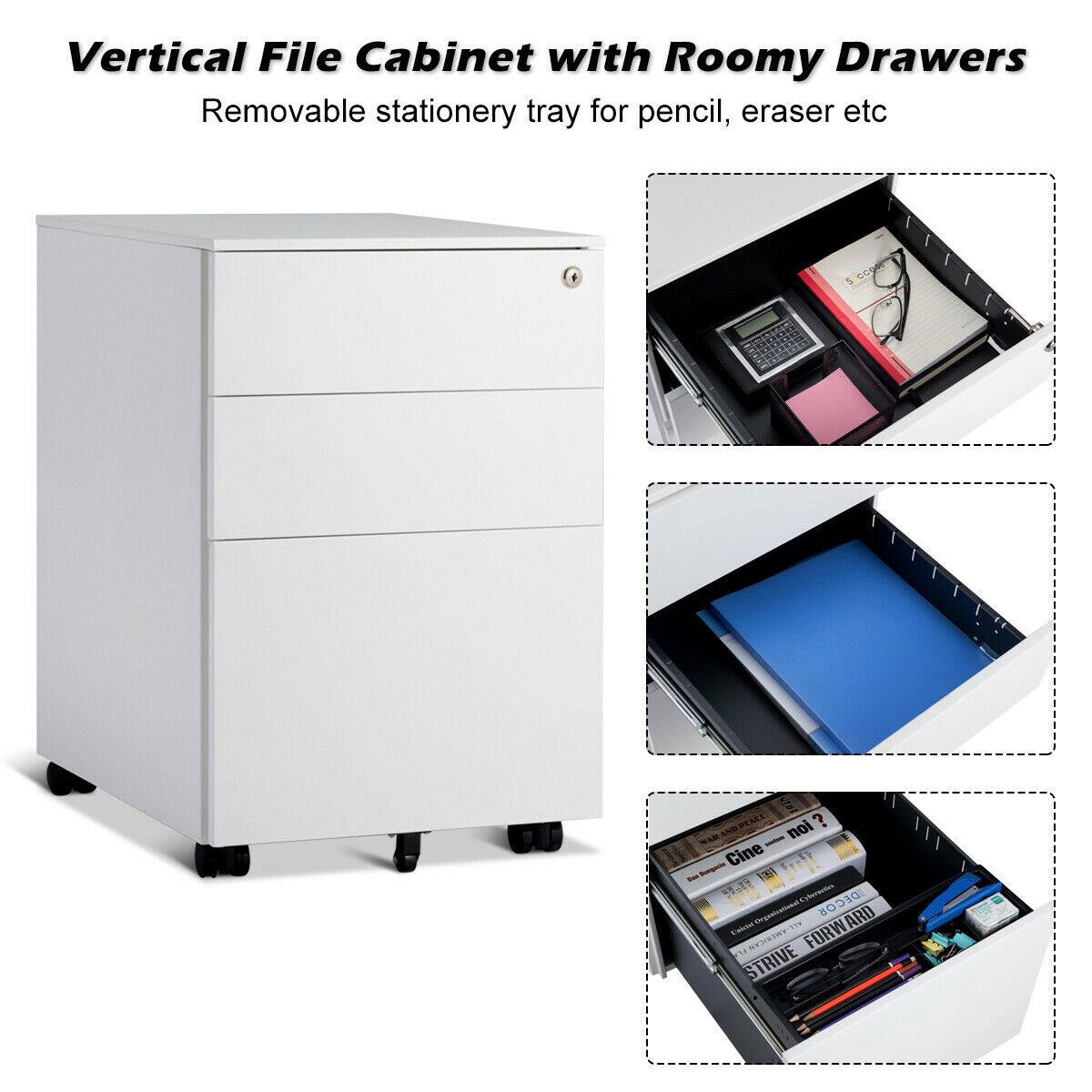 Vertical File Cabinet with Roomy Drawers  
Removable stationery tray for pencil, eraser etc