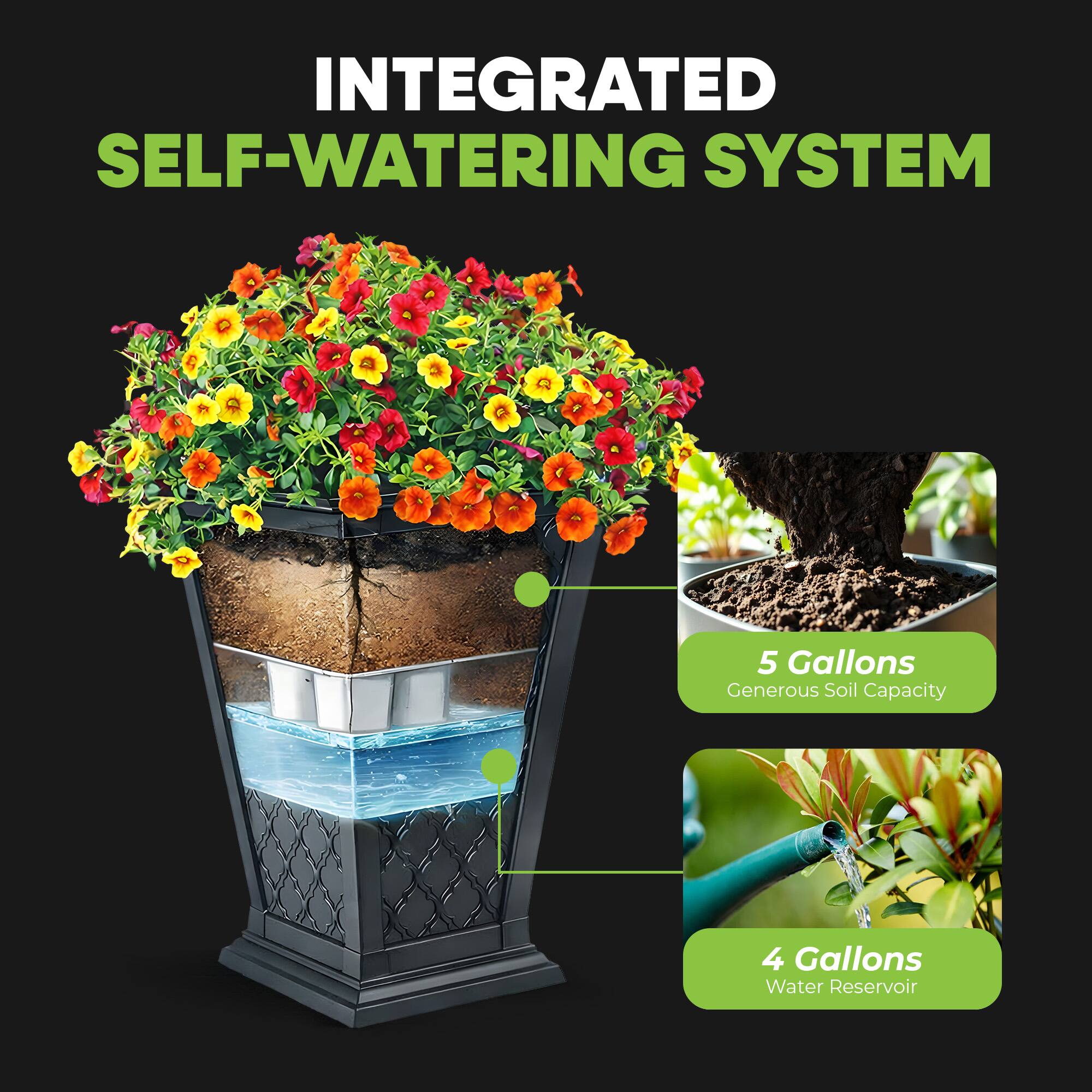 INTEGRATED SELF-WATERING SYSTEM

5 Gallons Generous Soil Capacity

4 Gallons Water Reservoir