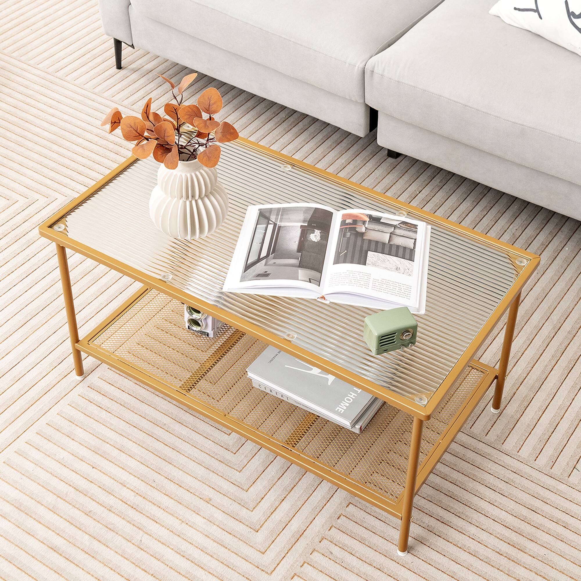 Alt View 3. Costway - Costway 2-Tier Coffee Table with Shelf with Tempered Glass Top & Metal Frame Living Room - Golden.