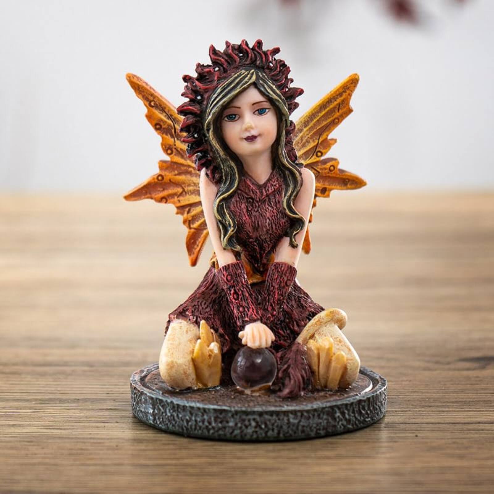 Angle. Pacific Trading - 3 inch Autumn Flame Fairy Figurine with Fiery Orb and Golden Accents Perfect for Small Fairy Gardens.