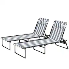 Front. Outsunny - Folding Chaise Lounge Pool Chairs with 4-Position Reclining Back, Pillow, Breathable Mesh & Bungee Seat - Blue and White.