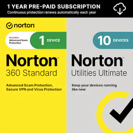 1 YEAR PRE-PAID SUBSCRIPTION
Continuous protection renews automatically each year
norton
Includes Advanced Scam Protection
1 DEVICE
Norton
360 Standard
Advanced Scam Protection, Secure VPN and Virus Protection
10 DEVICES
Norton
Utilities Ultimate
Keep your devices running like new