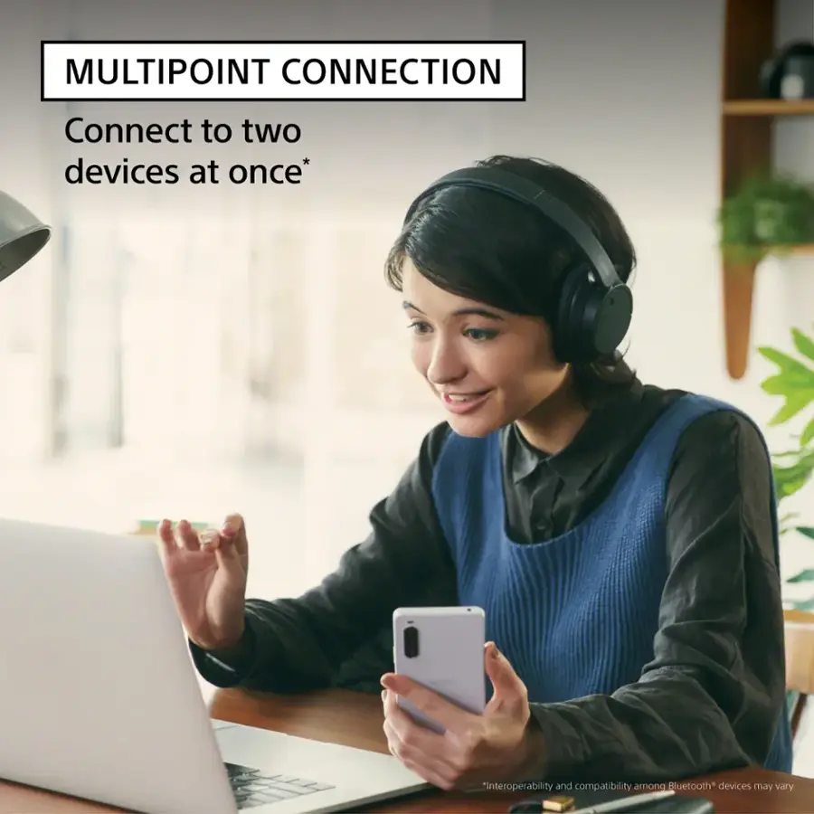 MULTIPOINT CONNECTION Connect to two devices at once. "Interoperability and compatibility among Bluetooth devices may vary."