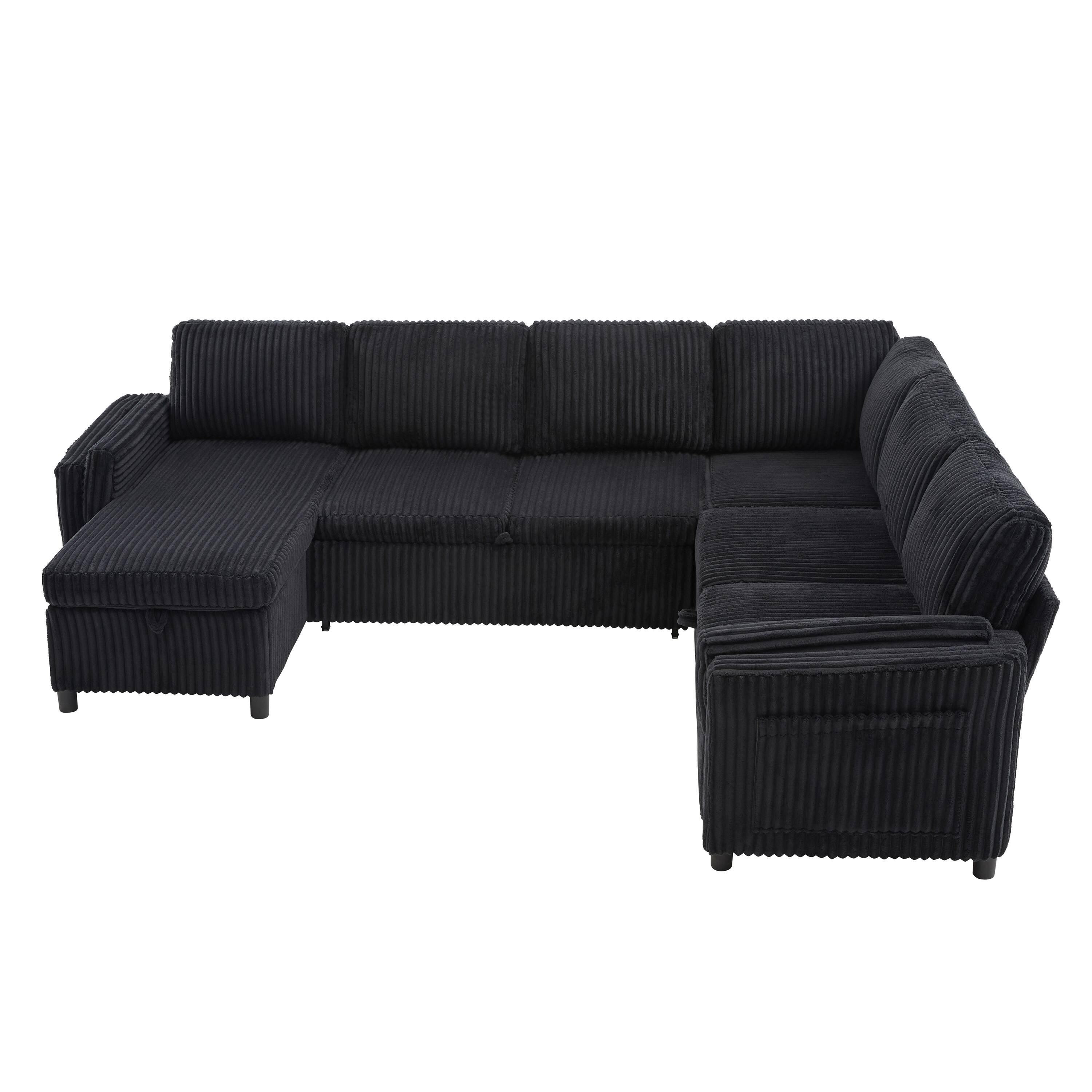 Back. Whisen - Convertible U-Shaped Sectional Sofa Bed Pull Out Sleeper with USB Ports and Storage - Black.