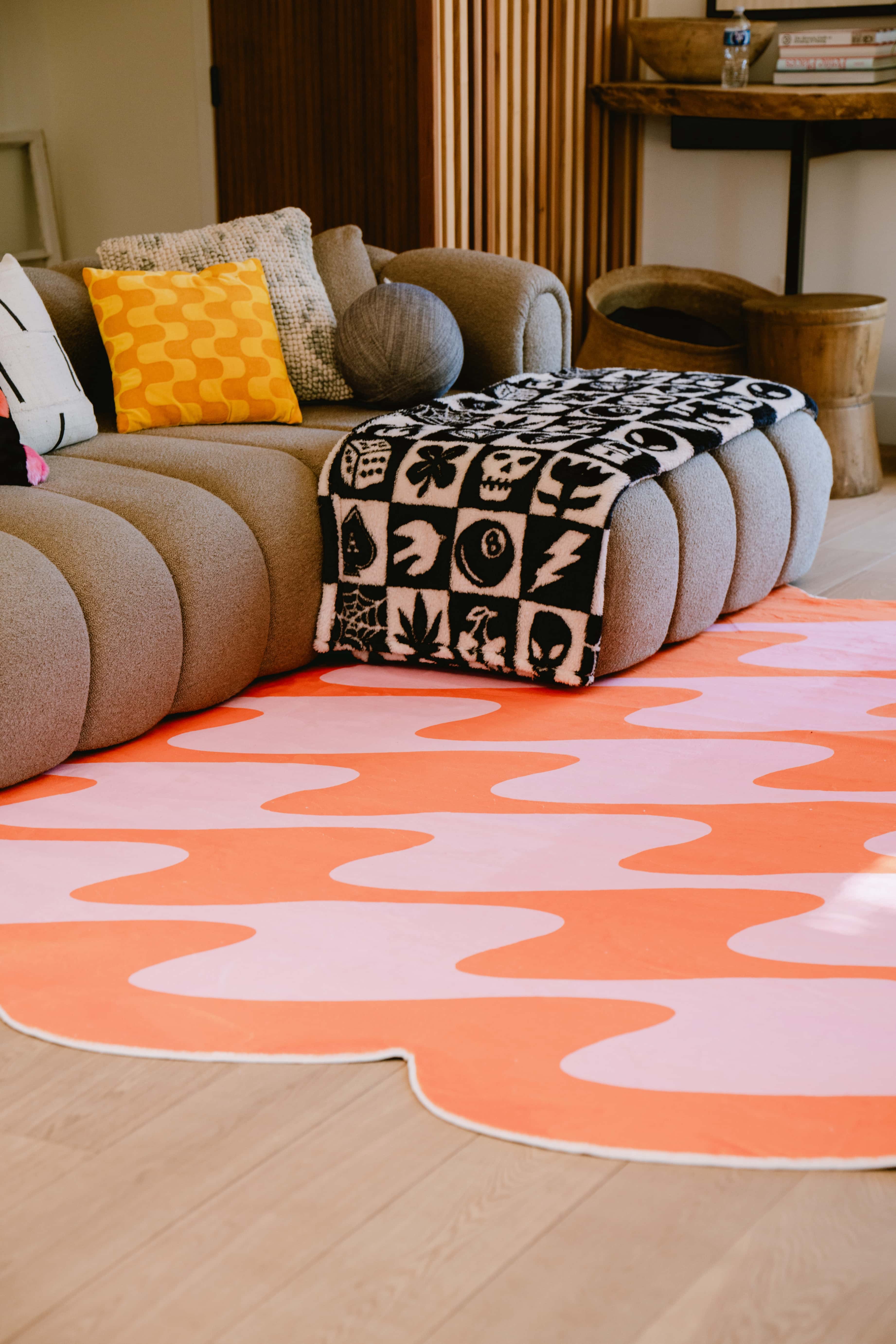 Left. Lanyspace - 5'x7' Area Rug, Washable Rugs, Non-Slip and Tear-Resistant Soft Carpet, Irregular Orange and Pink Wavy Rug - Multicolor.