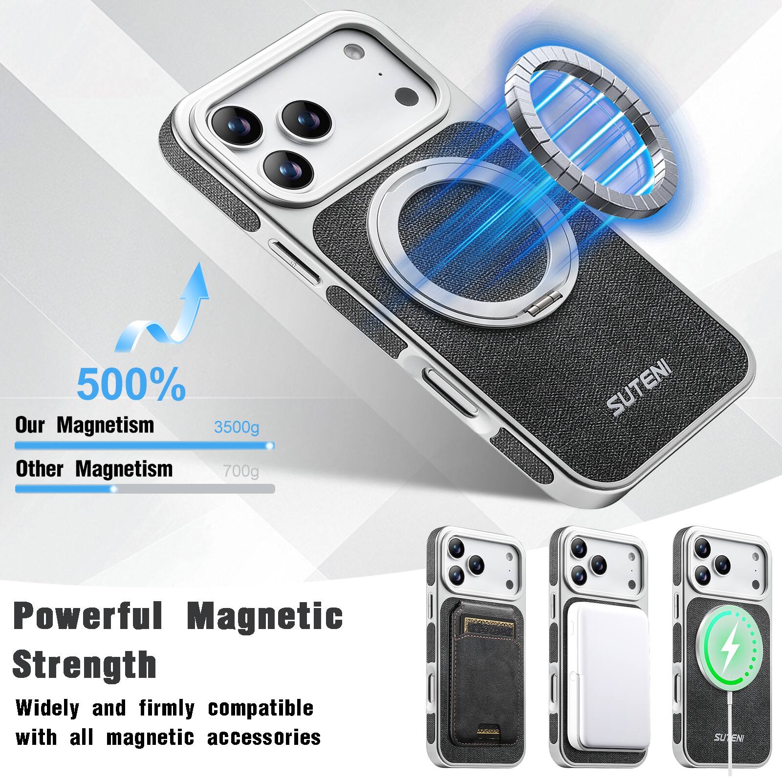500% Our Magnetism  
3500g  
Other Magnetism  
700g  

SUTENI  
Powerful Magnetic Strength  
Widely and firmly compatible with all magnetic accessories