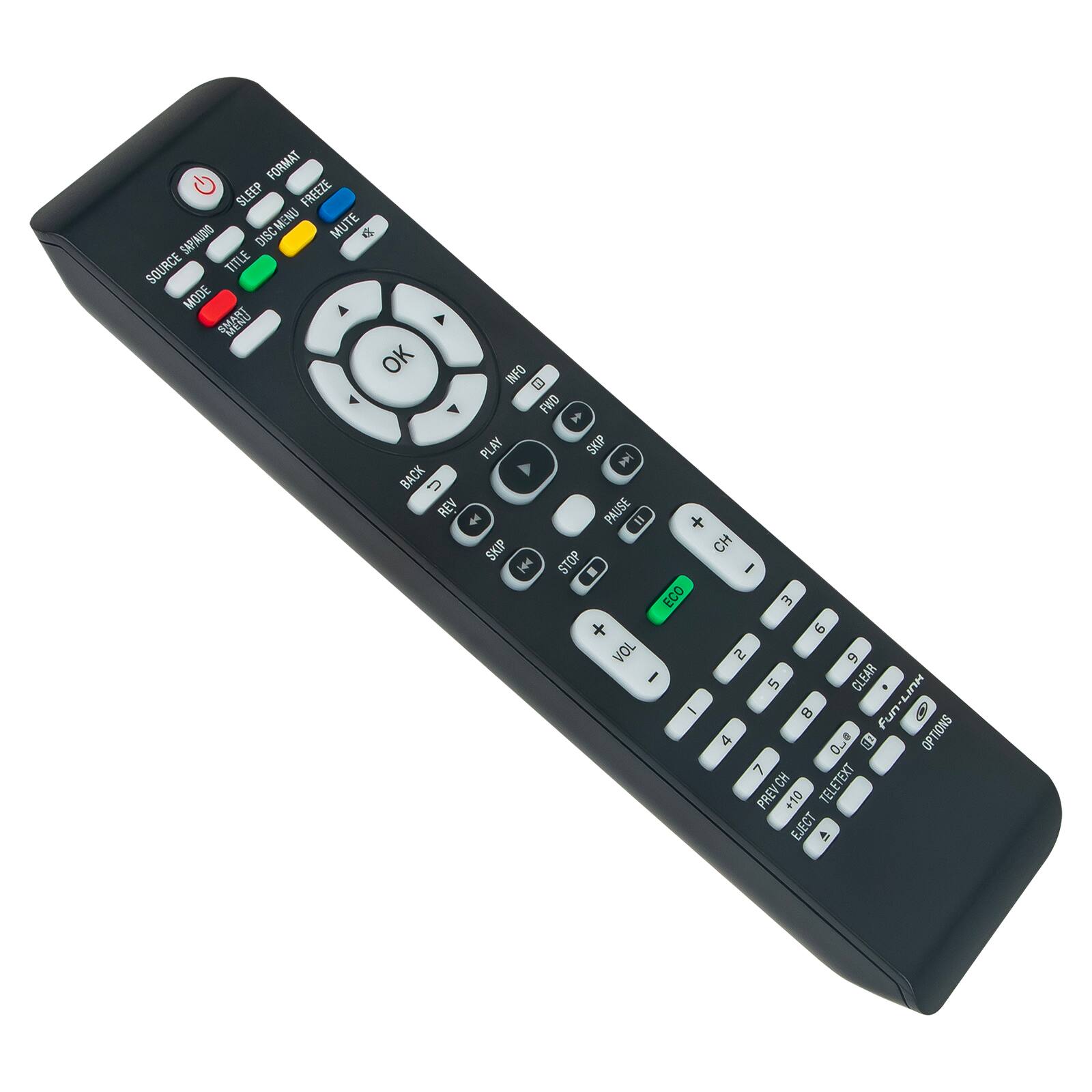 FORMAT G SLEEP FREEZE DISC MENU MENU MUTE SAPIAUDIO DISC C SOURCE TITLE MODE WWF OK INFO E FATD  PLAY SKIP E BACK  REV  PAUSE = + SKIP CH  STOP - I ECO E 9 VOL  6 I CLEAR un LINH -  fun-LINK Fun  4 ..e . e OPTIONS 7 RO TELETEXT I +10 + EJECT 41