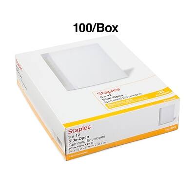 100/Box Staples  
9 x 12 Envelopes  
Side-Open Gummed  
White Wove