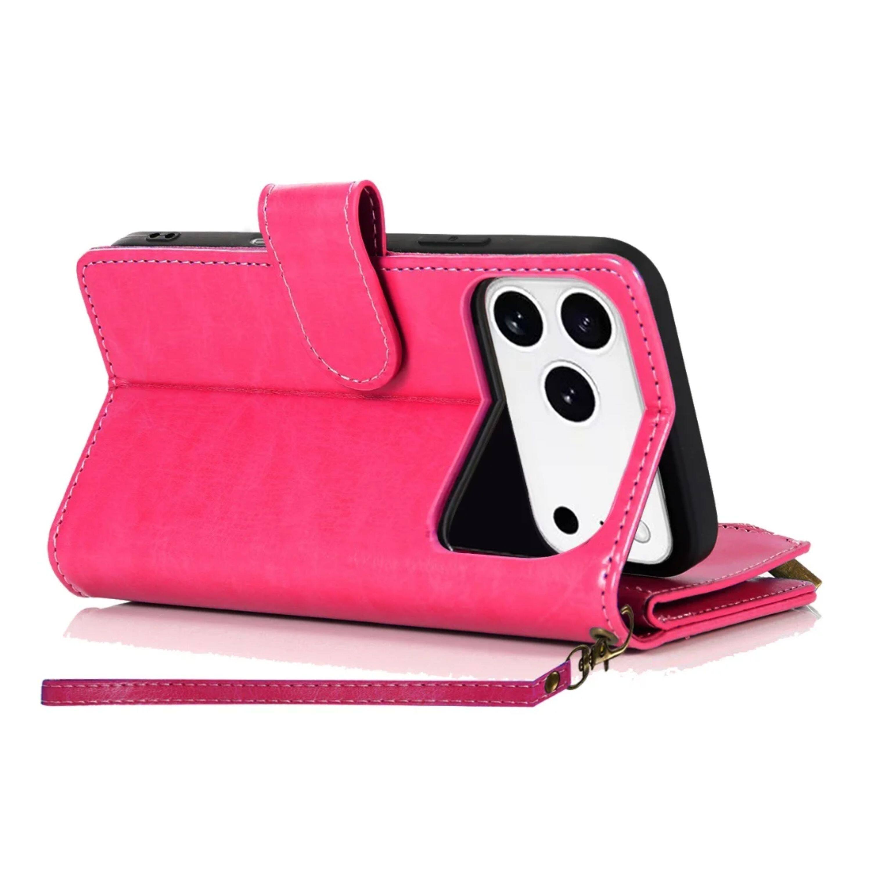 Left. Kitcheniva - PU Leather Phone Wallet Zipper With Tempered Glass For iPhone 17 Pro Max Hot Pink - Hot Pink.