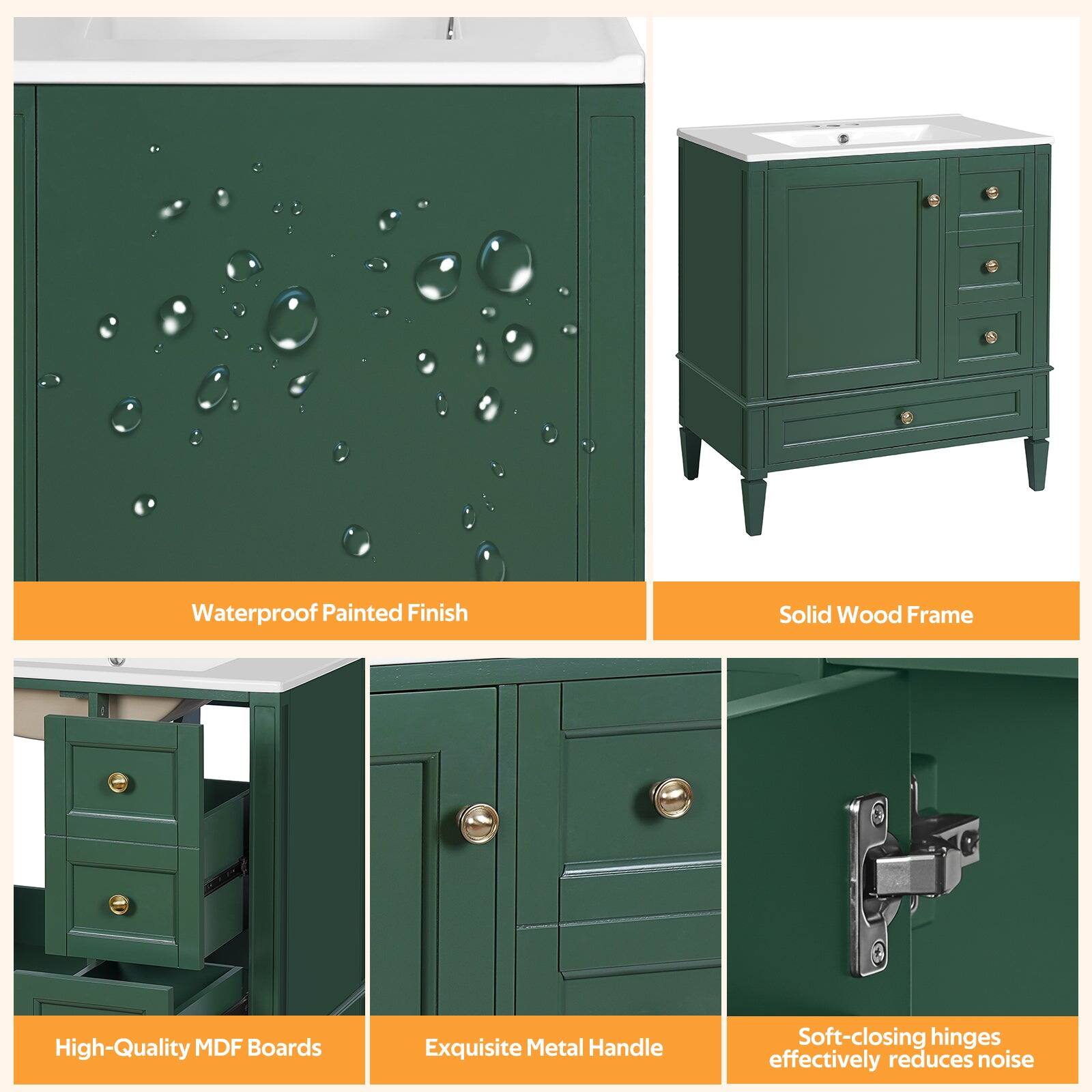 Waterproof Painted Finish  
Solid Wood Frame  
High-Quality MDF Boards  
Exquisite Metal Handle  
Soft-closing hinges effectively reduces noise