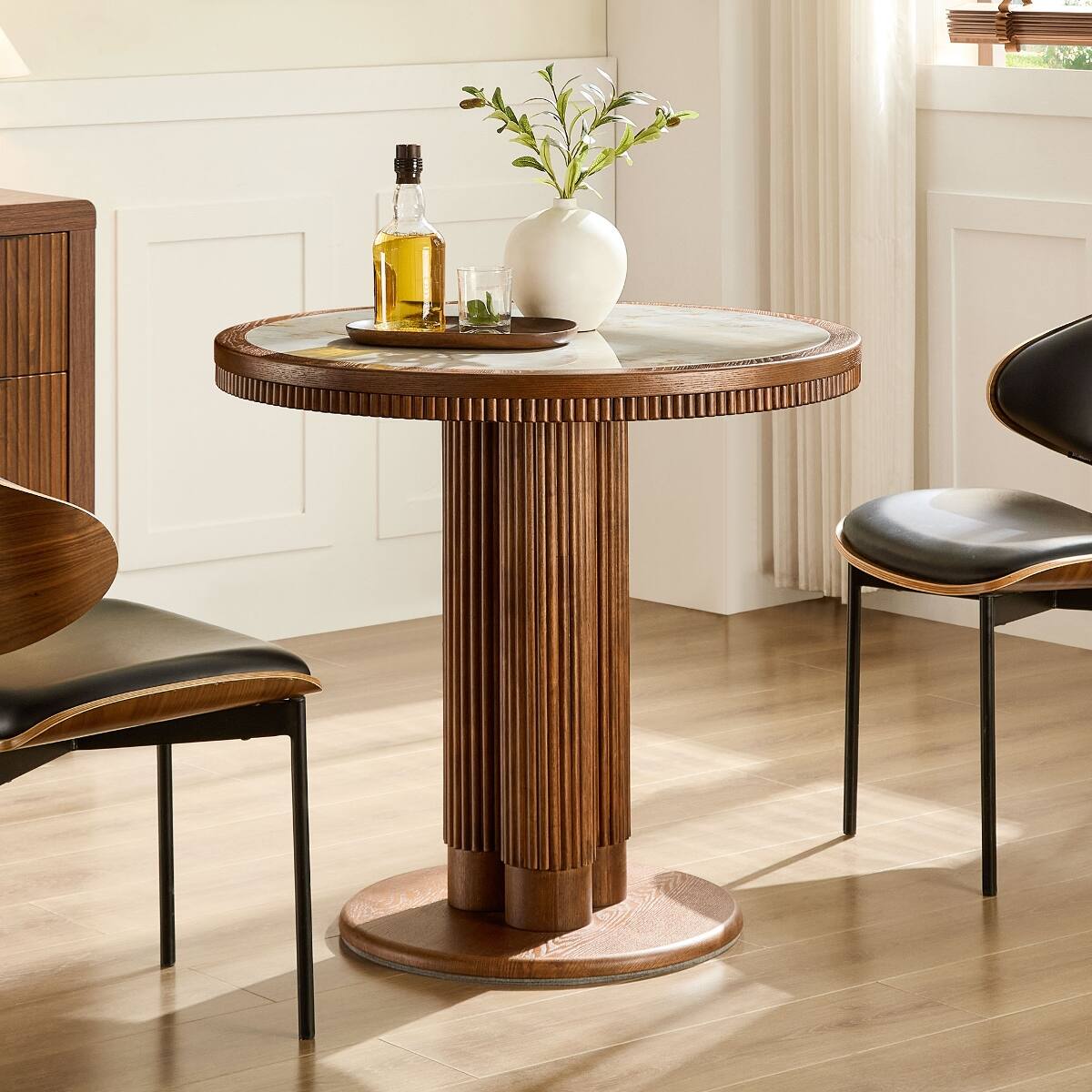 Loheer 33 Inch Round Dining Table with Sintered Stone Top and Fluted ...