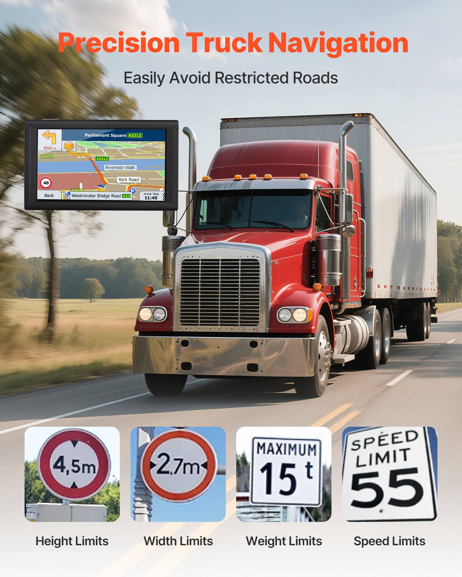 Precision Truck Navigation: Easily Avoid Restricted Roads

- Parliament Square A3212
- Riverside Walk
- York Road
- Westminster Bridge Road

Height Limits: 4.5m
Width Limits: 2.7m
Weight Limits: Maximum 15t
Speed Limits: 55