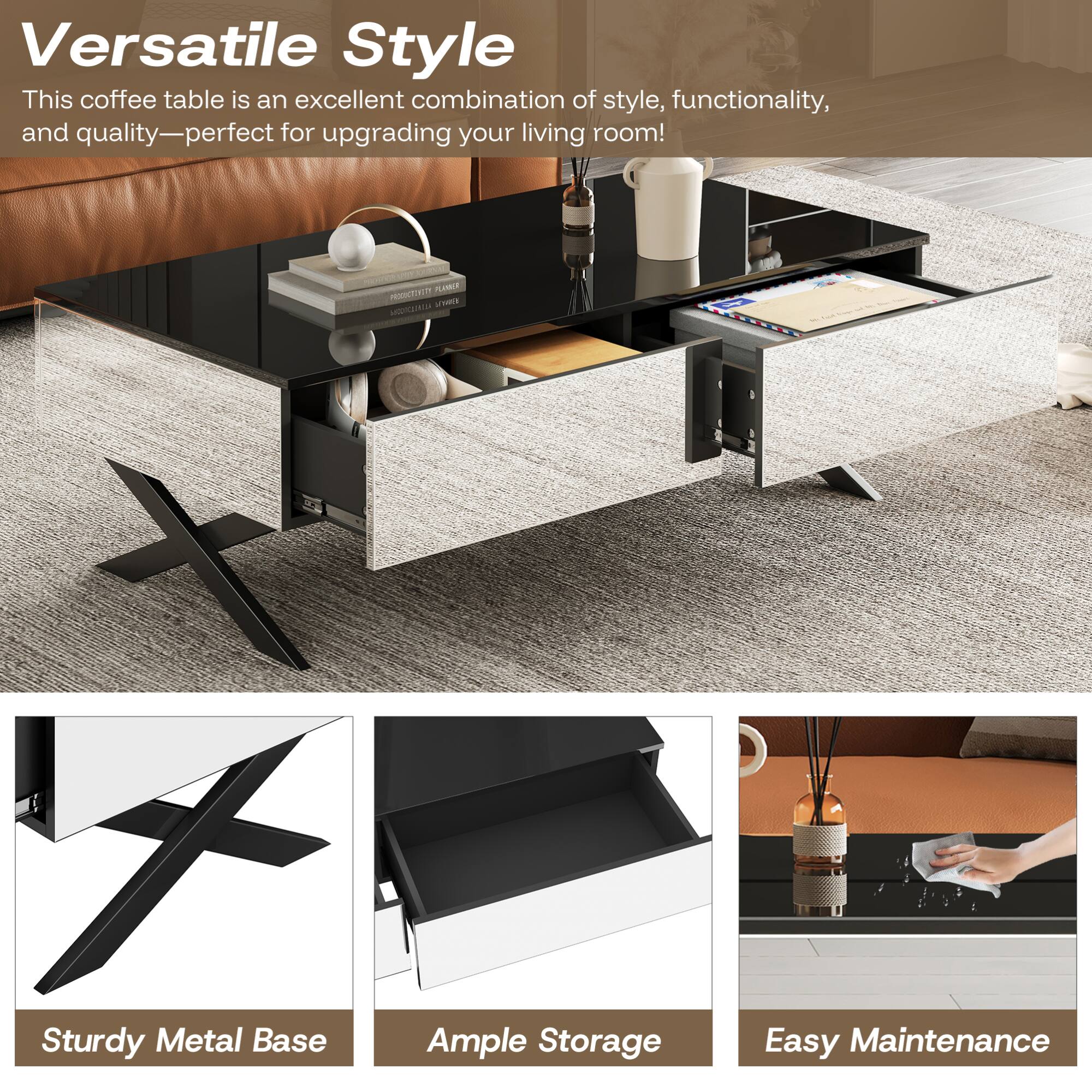 Versatile Style  
This coffee table is an excellent combination of style, functionality, and quality—perfect for upgrading your living room!

Sturdy Metal Base  
Ample Storage  
Easy Maintenance