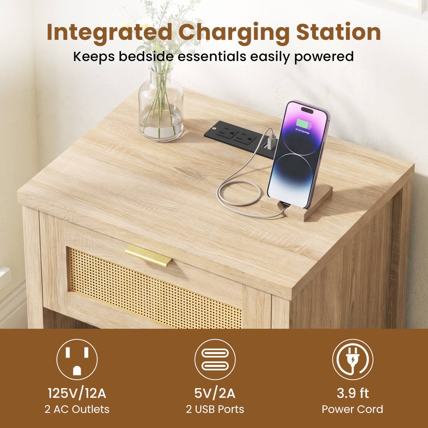 Integrated Charging Station  
Keeps bedside essentials easily powered

TOUPIRA  
125V/12A 2 AC Outlets  
5V/2A 2 USB Ports  
3.9 ft Power Cord