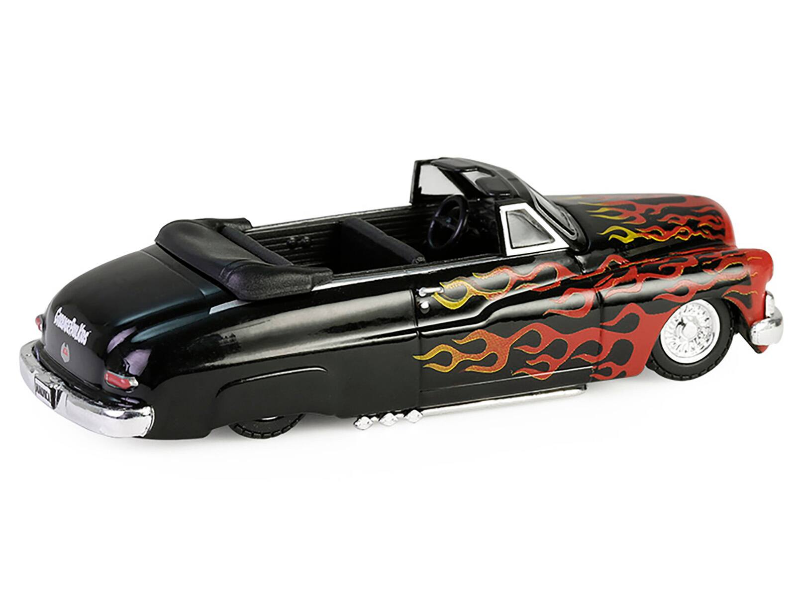 Left. Greenlight - 1950 Mercury Eight Convertible Lowrider Black with Flames "Menacing Monica" "Garbage Pail Kids" Series 7 1/64 - Black.