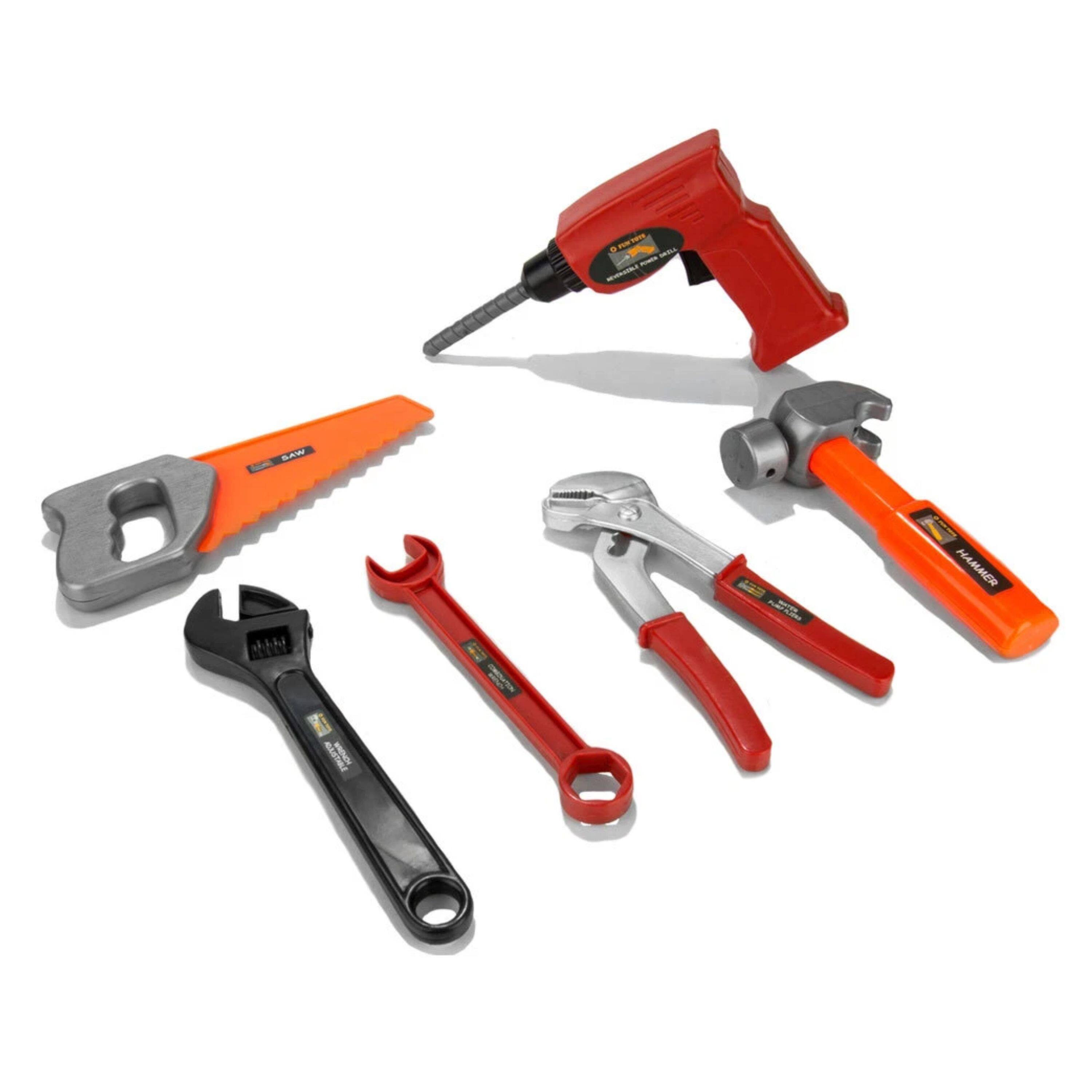 Sure, here is the corrected and grouped text from the image:

1. SAW
2. HAMMER
3. Wrench (with red handle)
4. Pliers (with red handle)
5. Screwdriver (with red handle)
6. Hammer (with red handle)