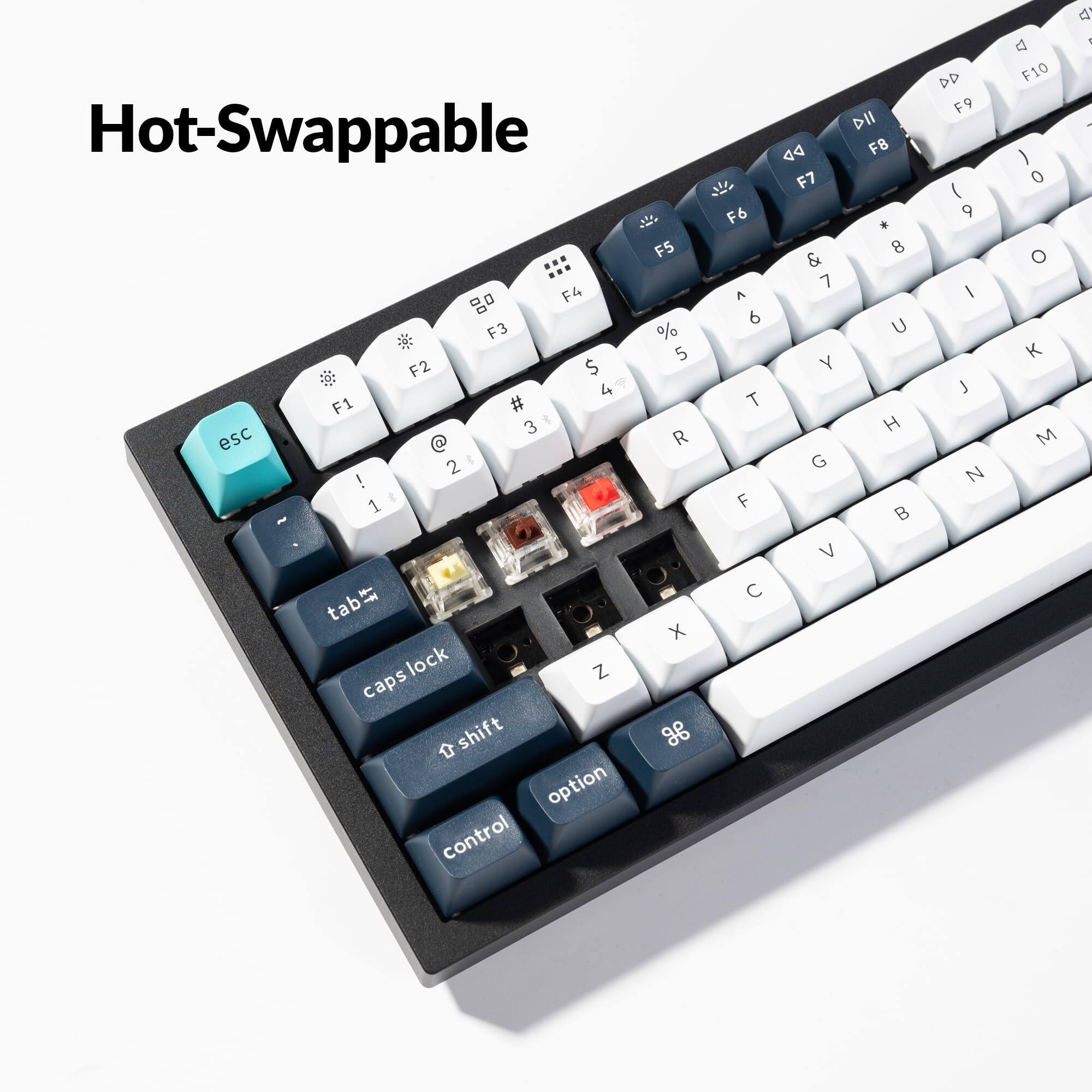 Hot-Swappable

F1 # 1  
F2 @ 2  
F3 3  
F4 $ 4  
F5 % 5  
F6 ^ 6  
F7 & 7  
F8 * 8  
F9 ( 9  
F10 0  

esc ! 1  
tab 2  
caps lock 3  
shift 4  
option 5  
control 6  

Z X C V B N M  
A S D F G H J K L  
Q W E R T Y U I O P  
