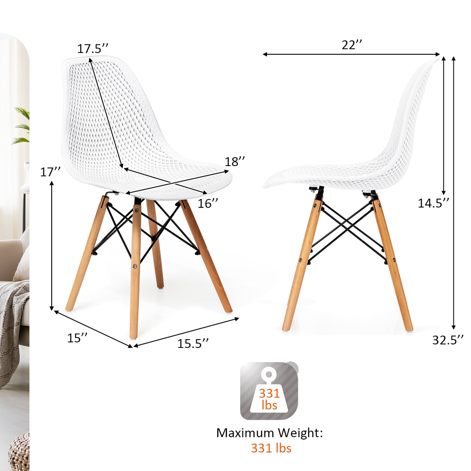 17.5" 22" 17" 18" 16" 14.5" 15" 15.5" 32.5"  
Maximum Weight: 331 lbs